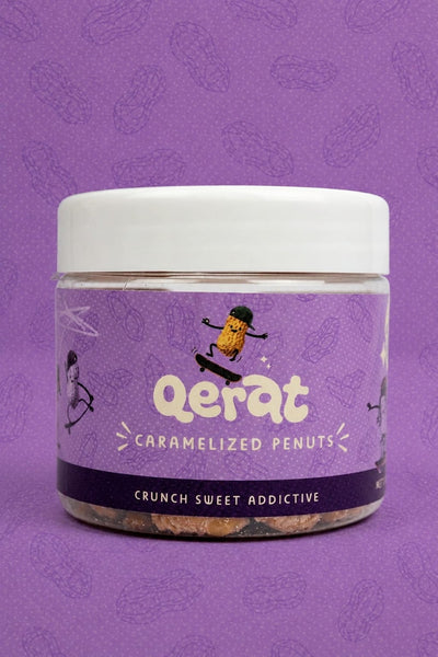 QERAT caramelized peanuts jar with purple label and cartoon mascot on purple background