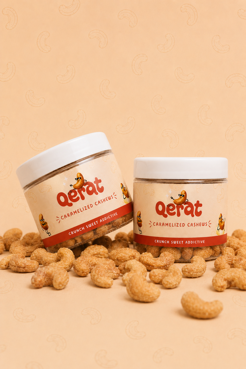 QERAT caramelized cashews jars displayed with loose cashews on peach background