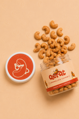 Close-up of QERAT logo on caramelized cashews jar red lid