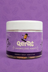 QERAT caramelized peanuts jar with purple label and cartoon mascot on purple background
