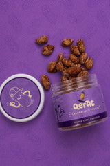 Close-up of QERAT logo on caramelized peanuts jar lid