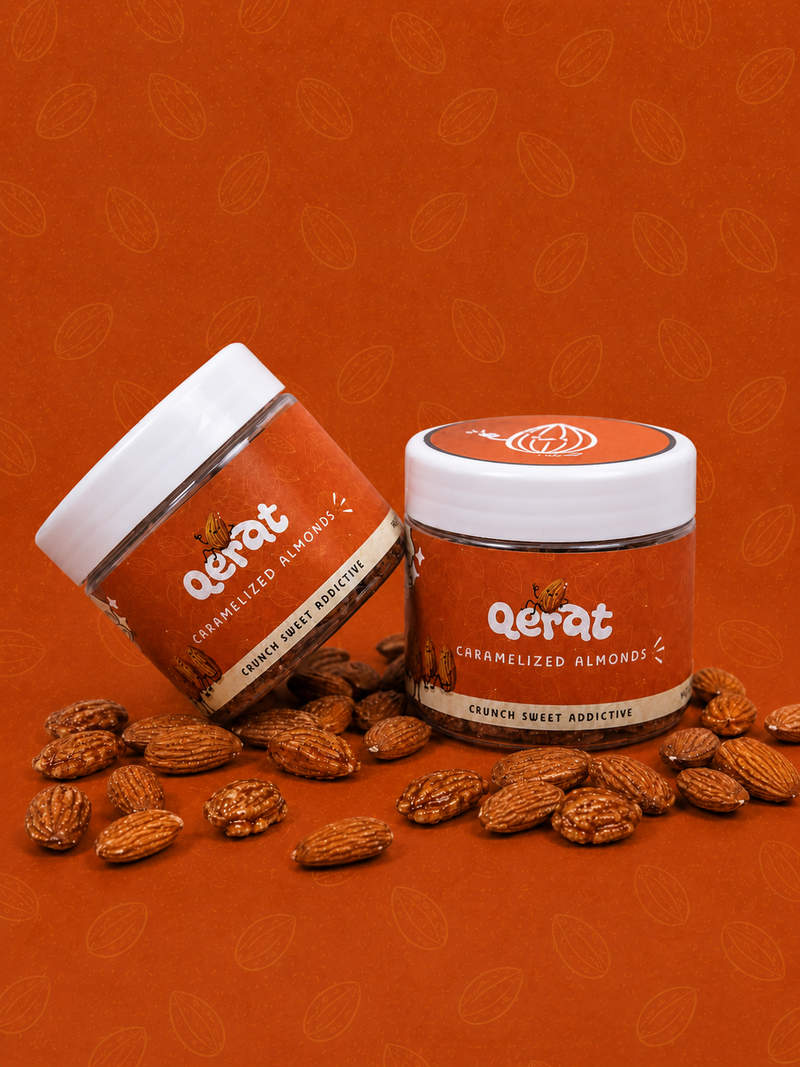 QERAT caramelized almonds jars displayed with loose almonds on orange background