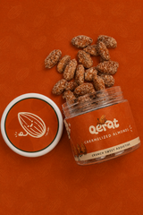 Close-up of QERAT logo on caramelized almonds jar