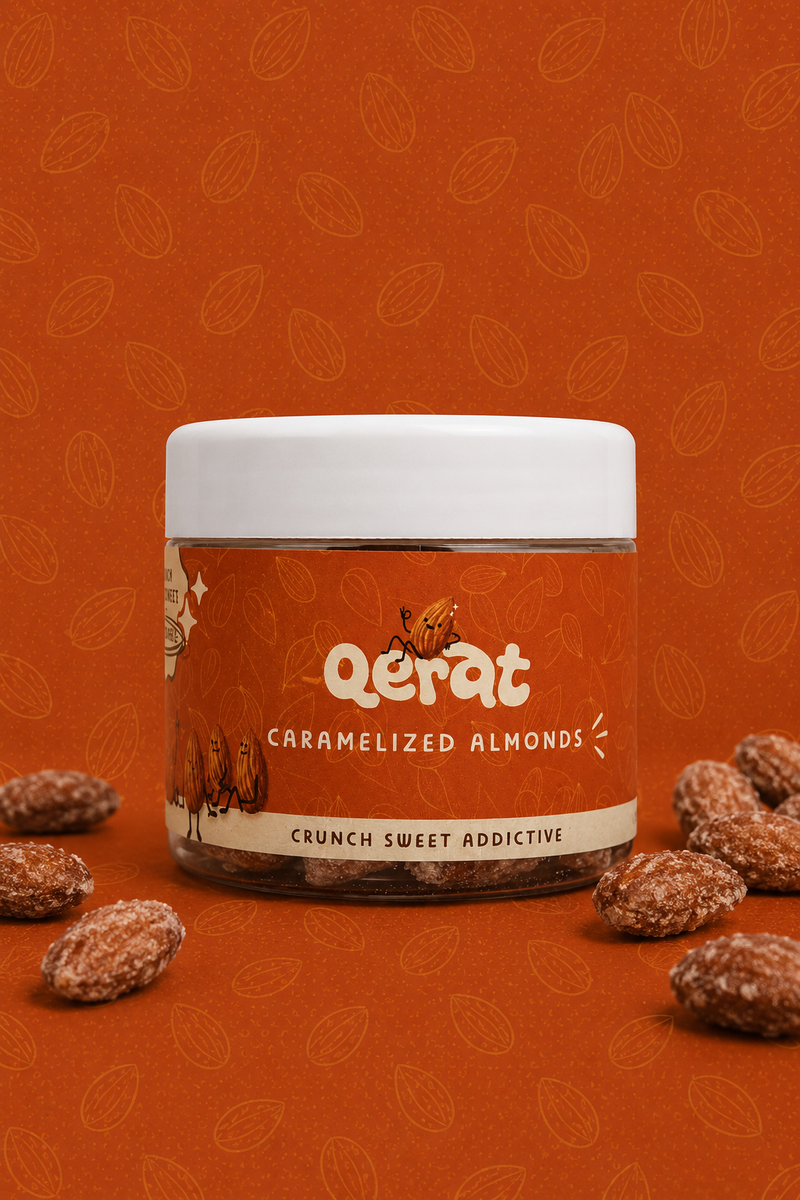 QERAT caramelized almonds jar with orange label on rust orange background with scattered almonds